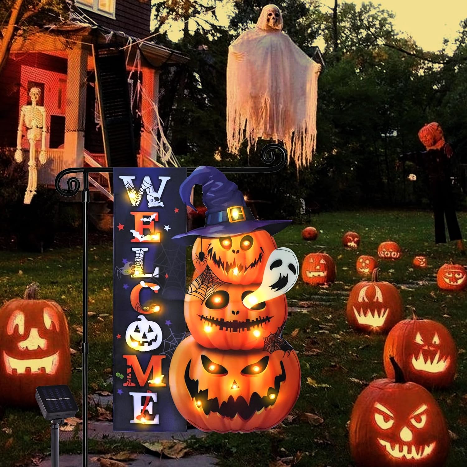 Halloween Lighted Garden Flag, Pumpkin Yard Decor, 12x18 In | Solar Powered, 8 Modes, Double Sided, Welcome Pumpkin