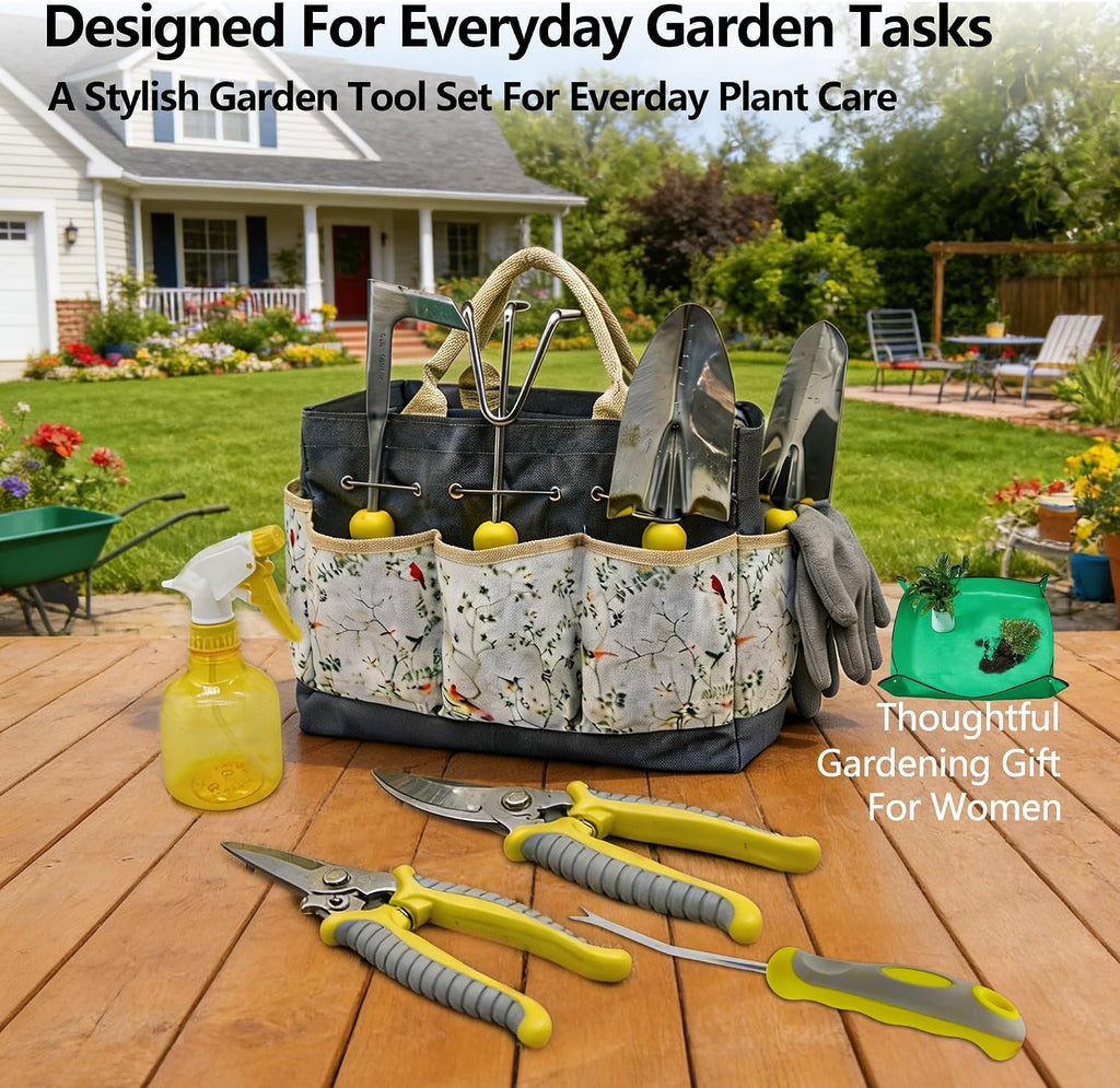 11-Piece Stainless Steel Gardening Tool Set with Floral Tote Bag | Includes 7 hand tools, gloves, spray bottle and