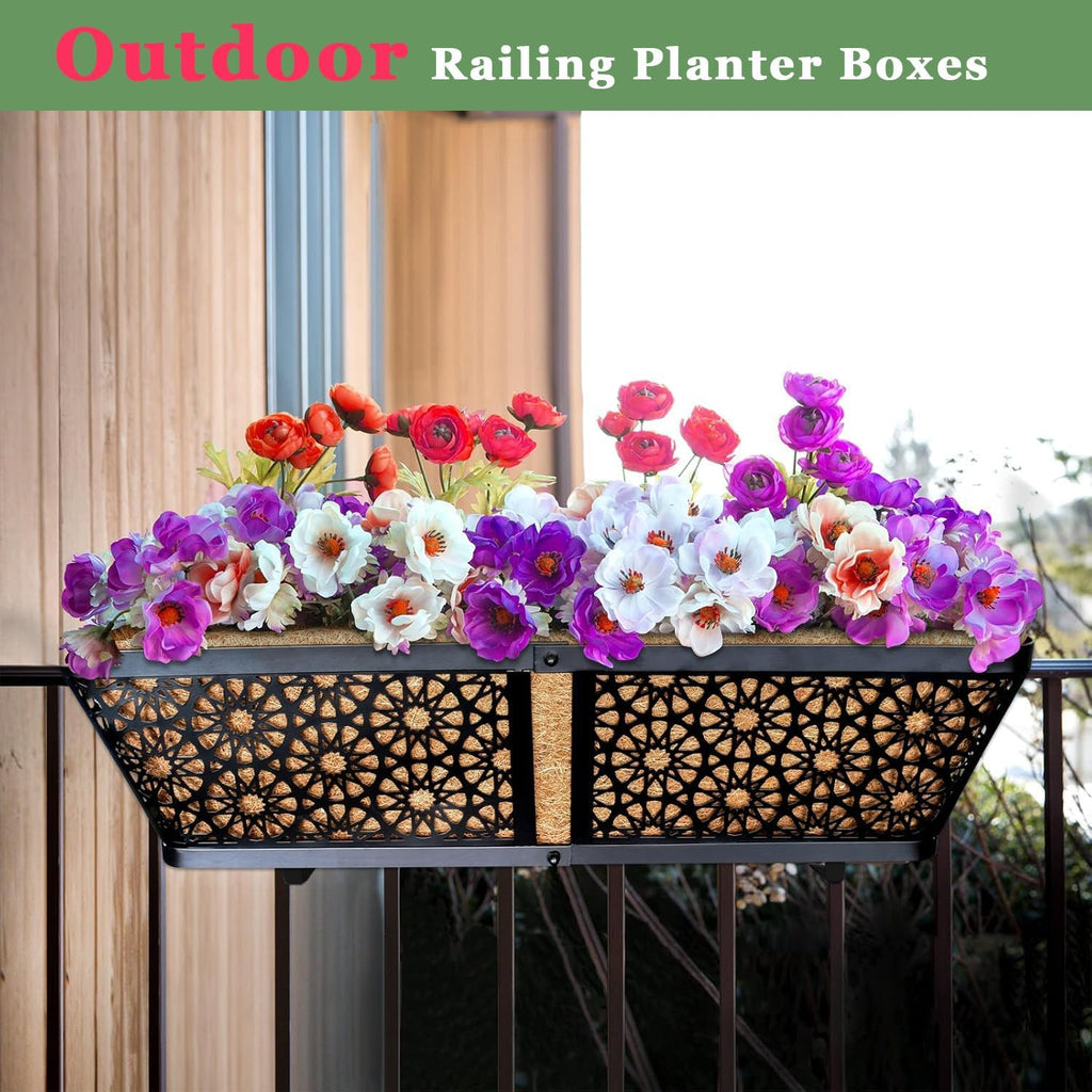 3 Pack Over Railing Planter Box, 24 Inch Window Box with Coco Liner | with Adjustable Brackets, Rust-Resistant Metal