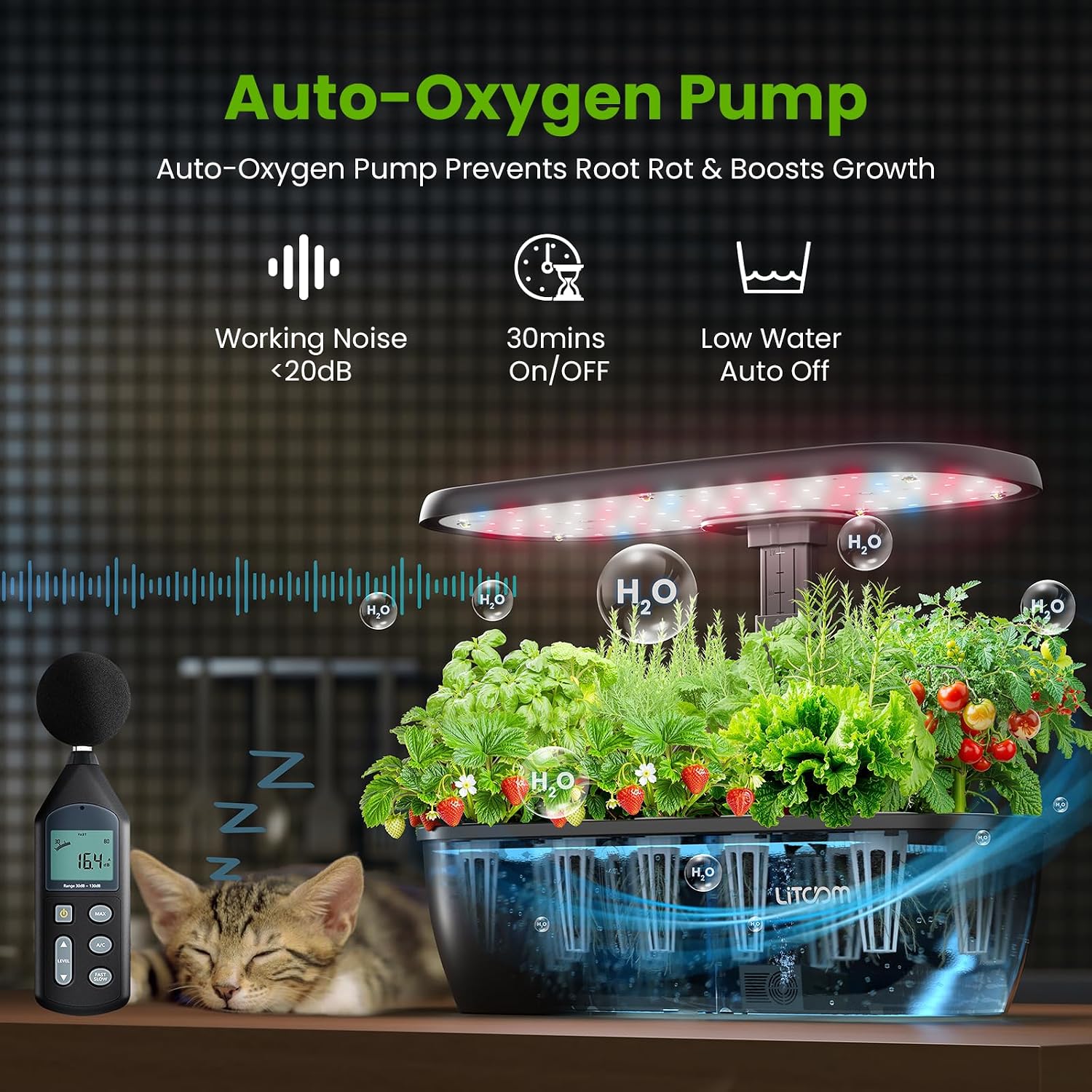 litokam Hydroponics Growing System Kit, 15 Pods Indoor Herb Garden with Smart APP & Quiet Pump, 24W LED Light, Auto