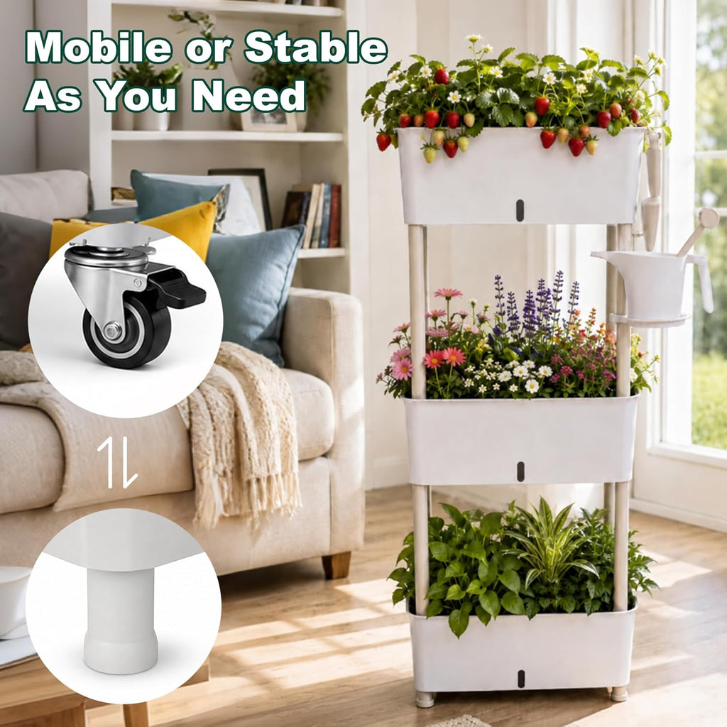 3-Tier 46.7"H Rolling Raised Garden Bed with Wheels, Self Watering Planter Box with Visible Water Level, Gray Rustproof
