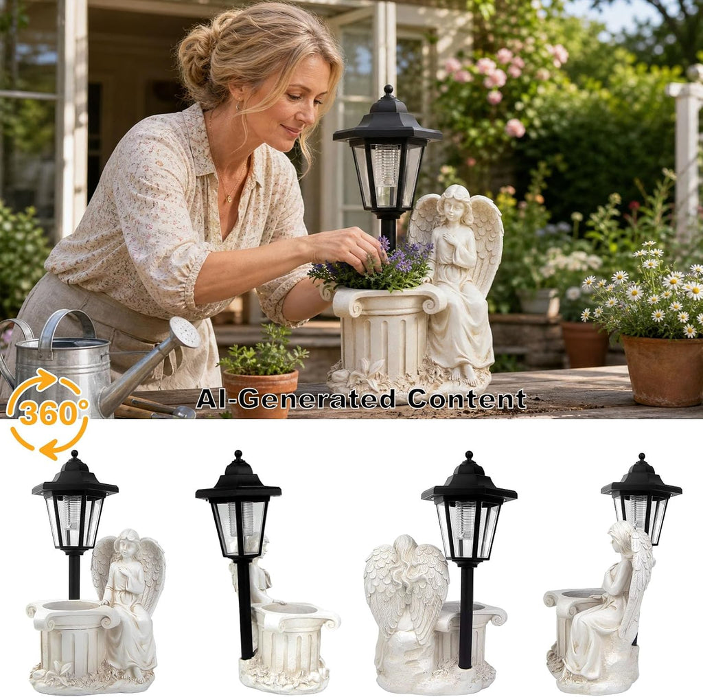 Solar Angel Outdoor Garden Statues with Lantern & Flower Pot | Resin Angel Figurines for Yard Lawn Porch Patio Balcony