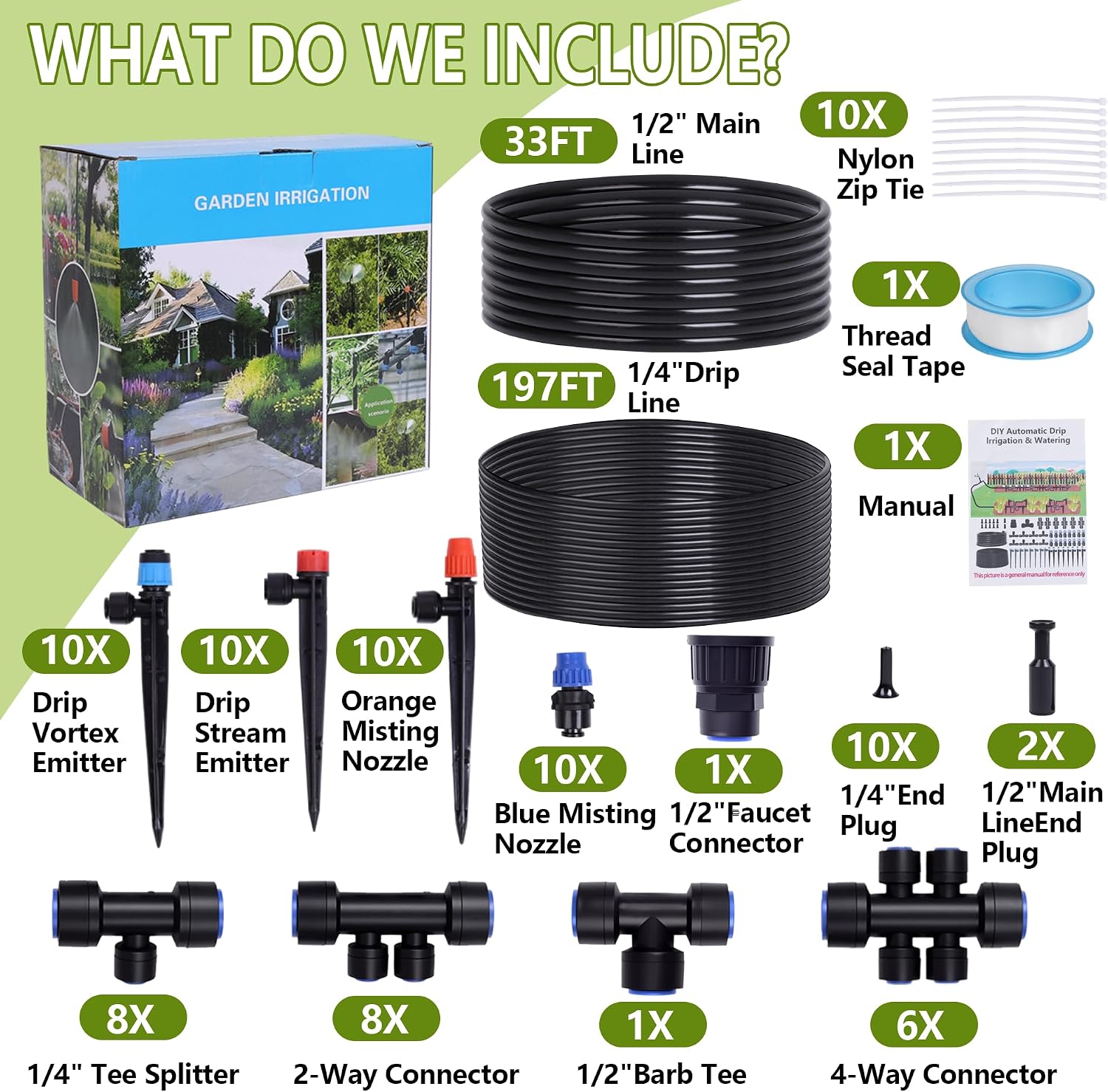 230FT Garden Irrigation System with 40 Nozzles & Emitters, Automatic Watering System with 1/2" & 1/4" Tube and Barbed