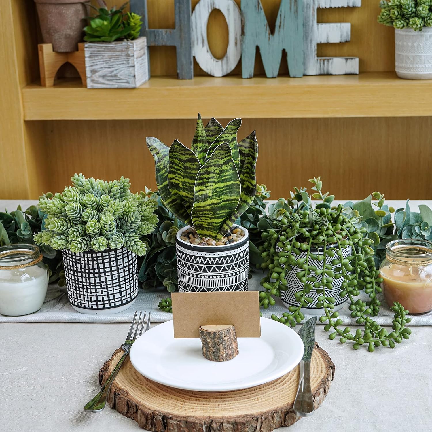 Winlyn 3 Pcs Small Potted Plants Artificial Succulents Hanging Plants and Faux Tropical Snake Plant in Black Geometric