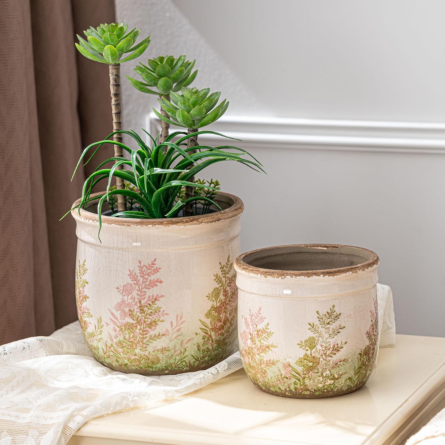 SURE YUESI Ceramic Plant Pots Set of 2, 4.7+5.7 Inch Vintage Indoor Planters with Drainage Hole, Farmhouse Ceramic