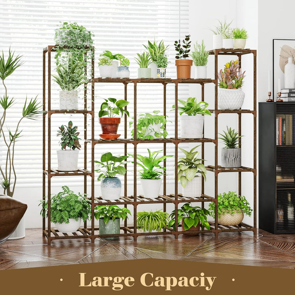 Bamworld Large Plant Shelf Indoor Plant Shelf Outdoor Tall Wood Plant Holder for Living Room Multiple Plants Patio