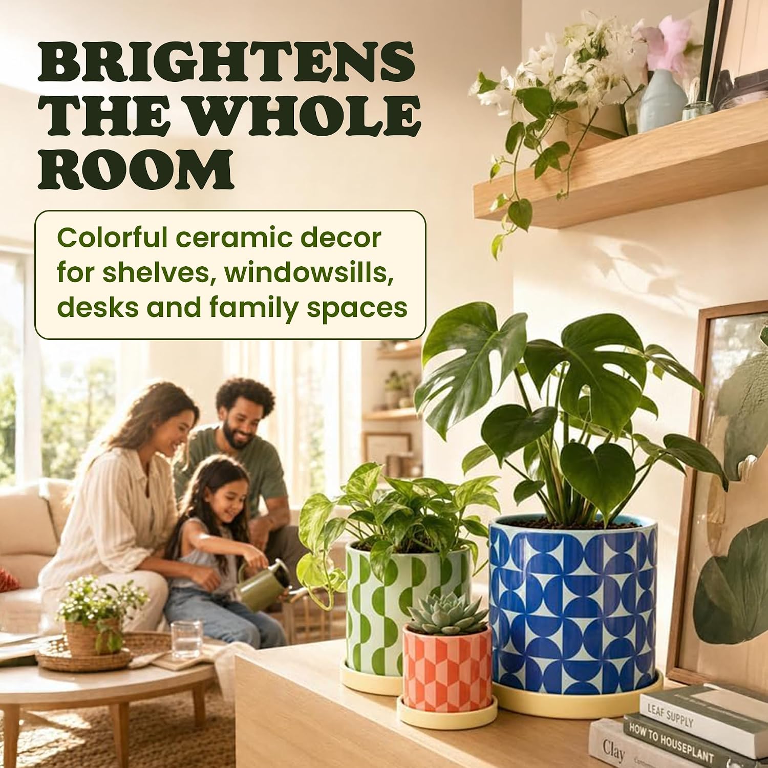 Ceramic Plant Pots, Indoor Planters - Set of 3 | Flower Pots for Plants with Drainage Hole & Saucer, Geometric Home