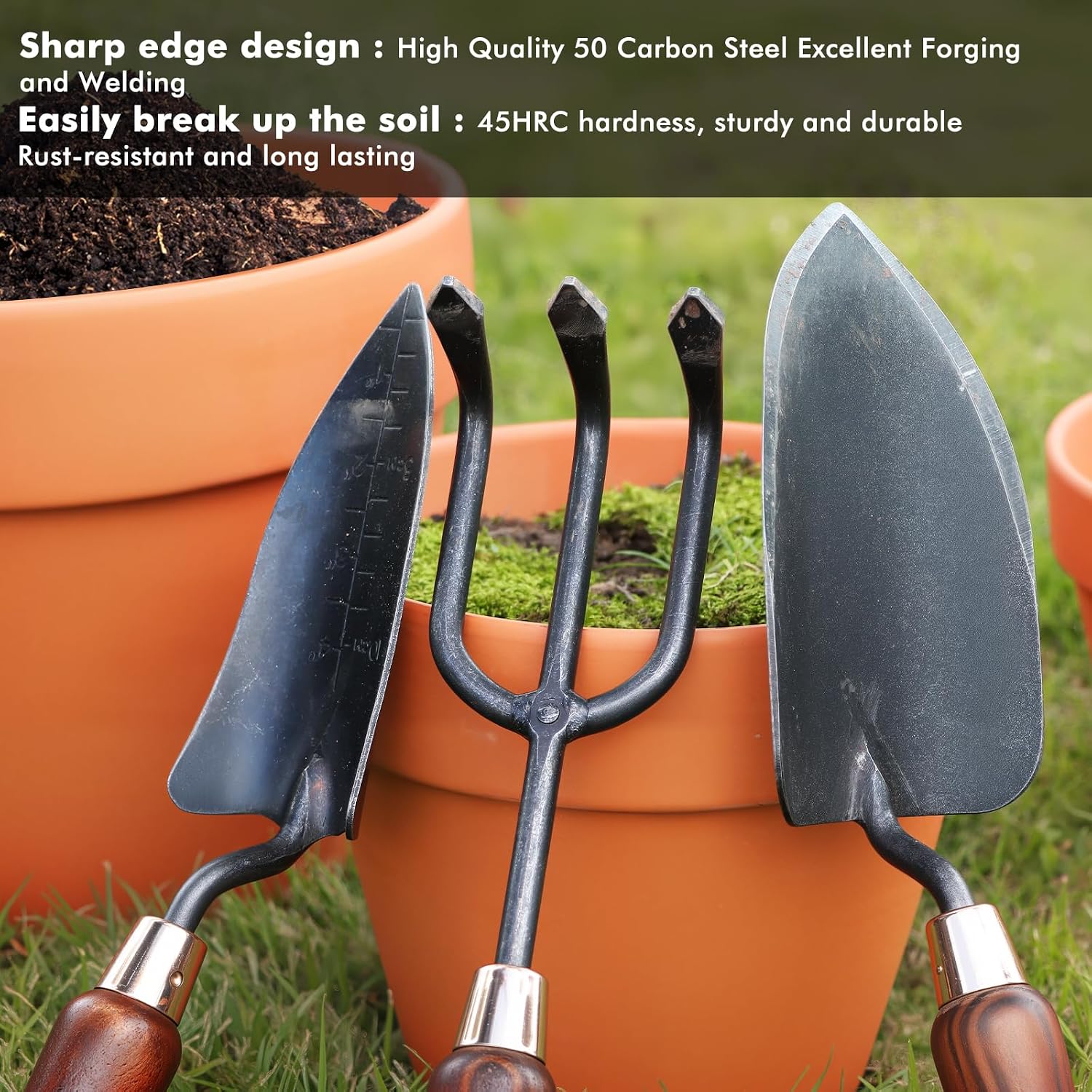 RESTMO Gardening Tools Set, 3-in-1, Carbon Steel, Wooden Handle, Brown | Heavy duty gardening tools kit. Includes