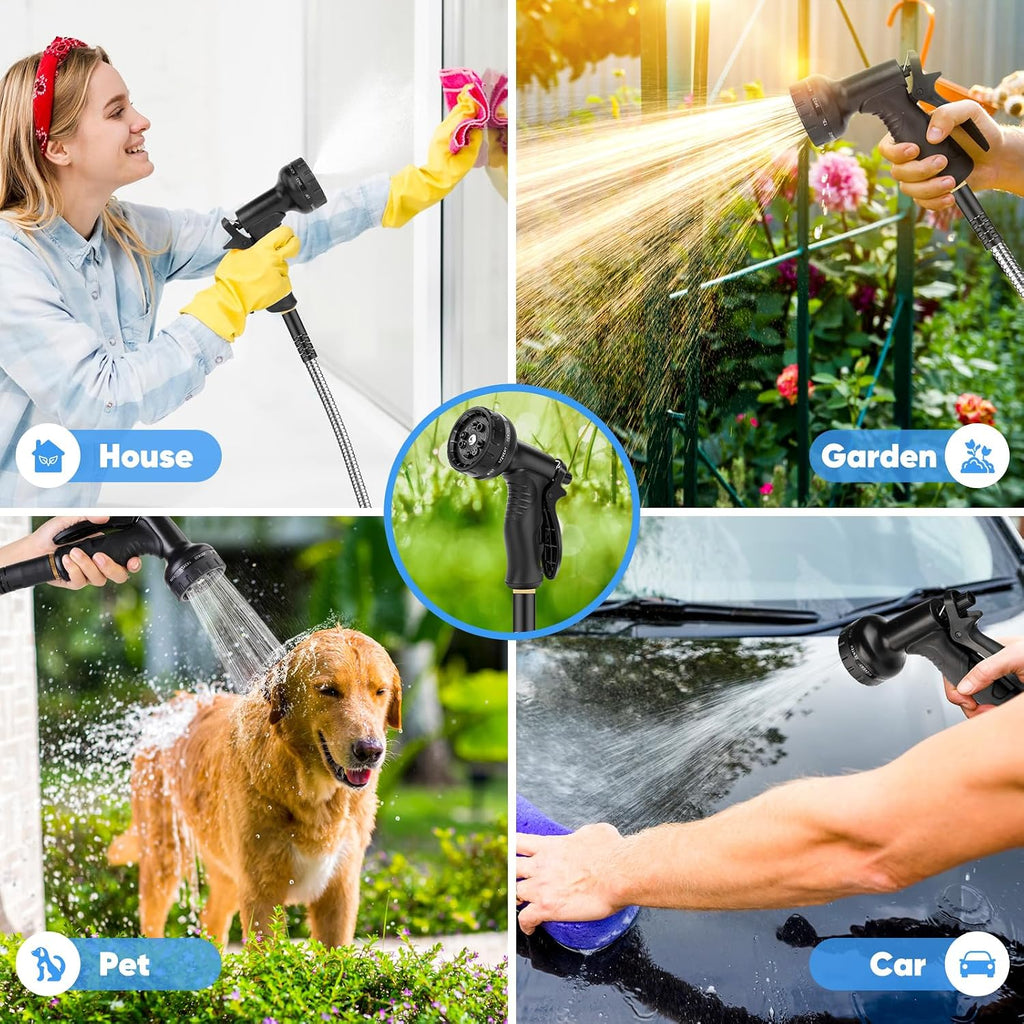 Garden Hose 50 FT, Metal Stainless Steel Water Hose with 10 Function Nozzle | No Kinks, Flexible Hose, Lightweight