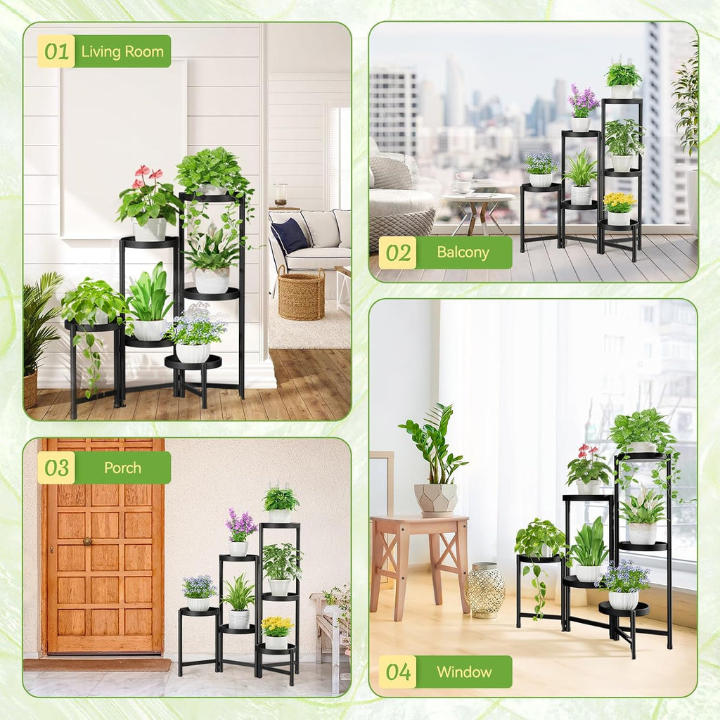 iDavosic.ly Plant Stand Indoor Outdoor, 6 Tier Metal Corner Shelf, Black | Tiered Flower Display Holder, Folding Multi