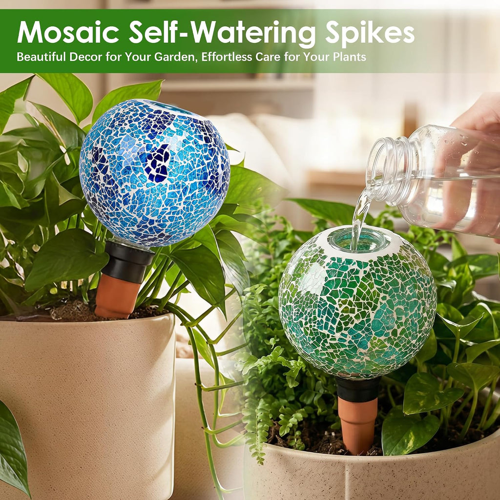 Terracotta Watering Spikes Mosaic Plant Watering Globes 2 Pack | Automatic Plant Waterer for Indoor, Outdoor & Garden