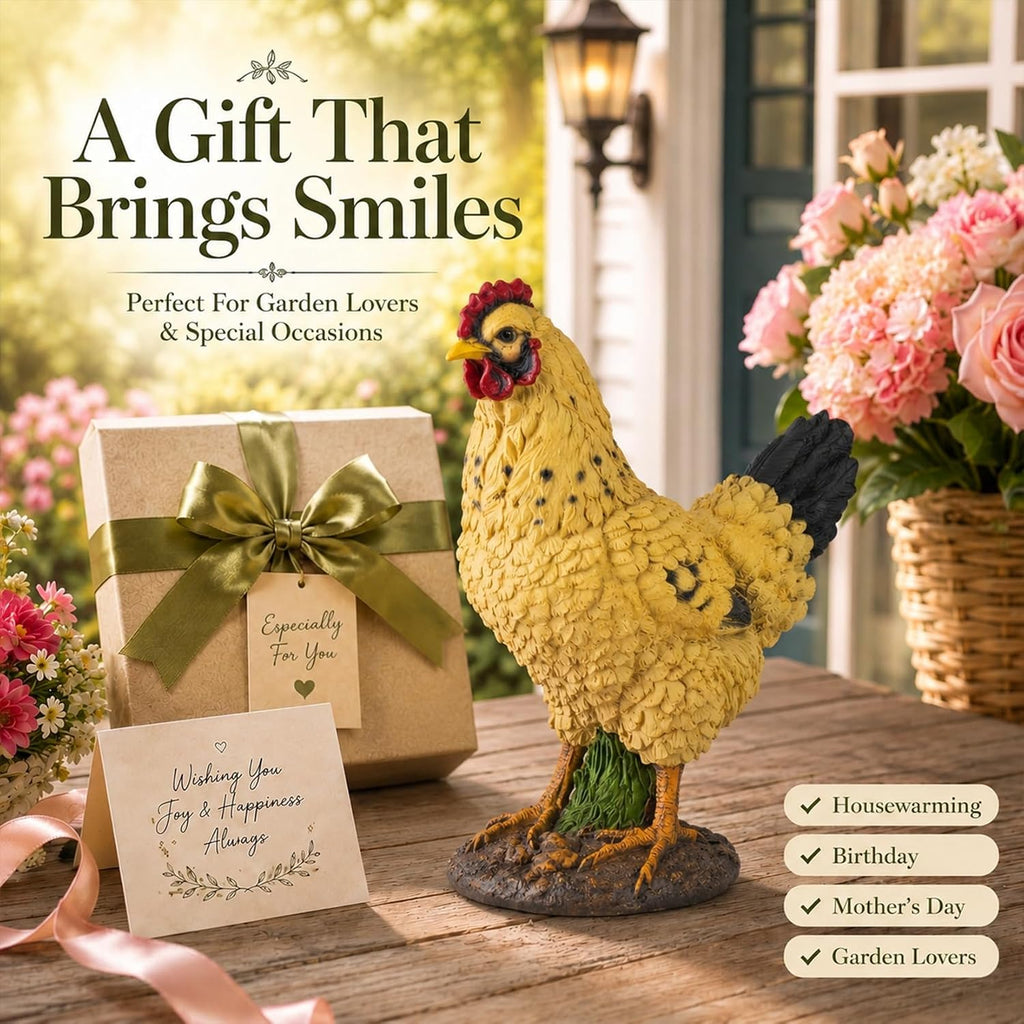 Outdoor Yellow Hen Statue for Garden, Yard & Flower Bed Decor | Weather-Resistant Resin, Chicken Figurine Adds