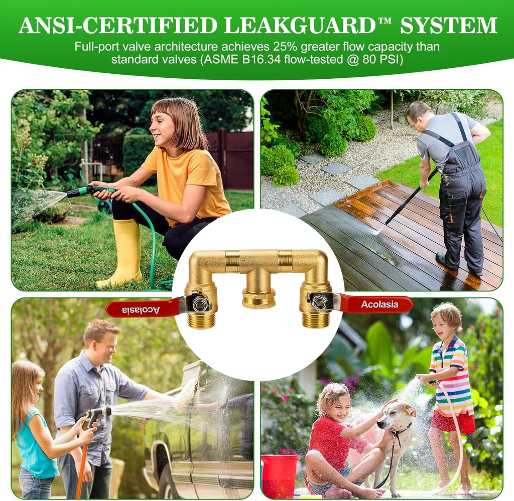 Hose Splitter 2 Way Heavy Duty Brass Garden Hose Splitter with 360° Rotatable, 304 Stainless Steel Long Handle Outdoor