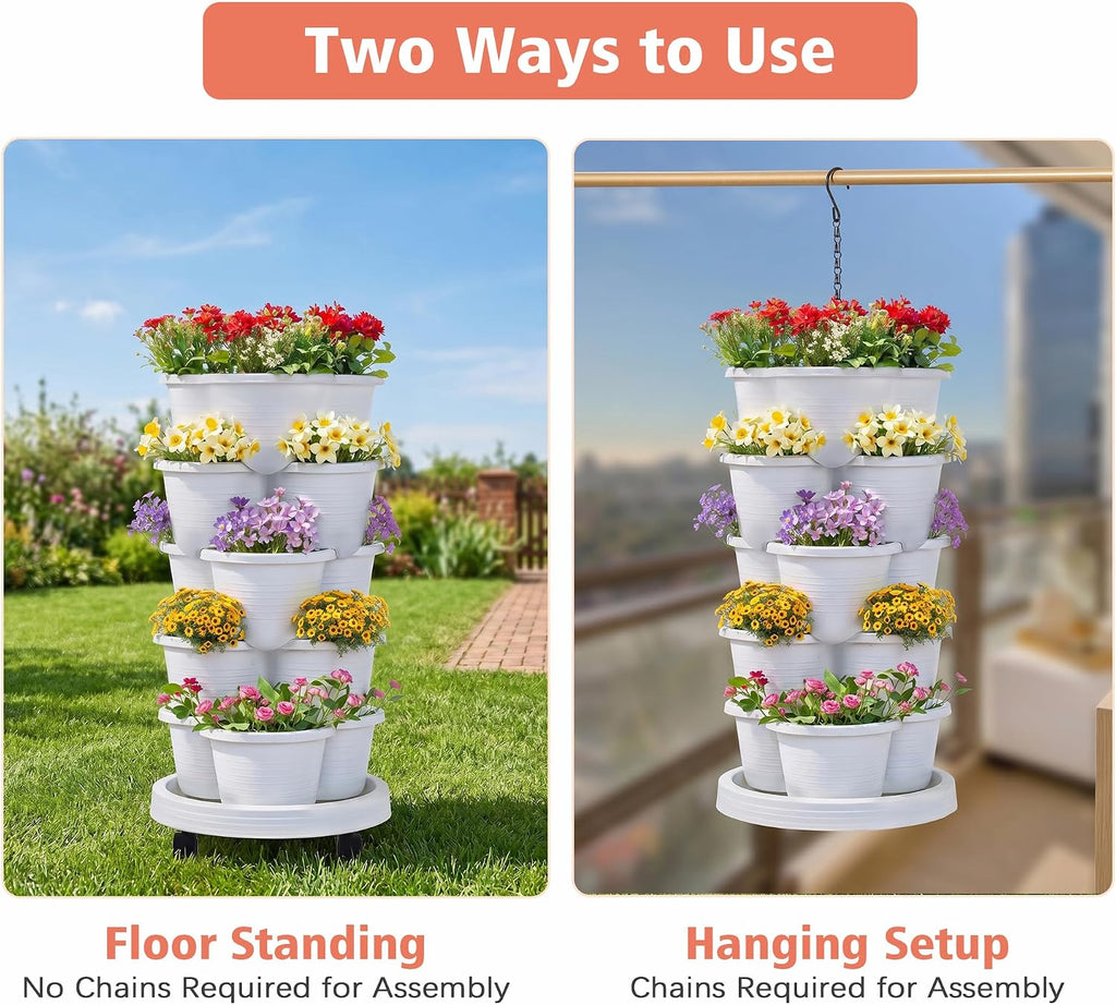 VECELO 5 Tier Vertical Garden Planter, Self Watering Stackable Planters with Wheels for Strawberries, Herbs, Flowers