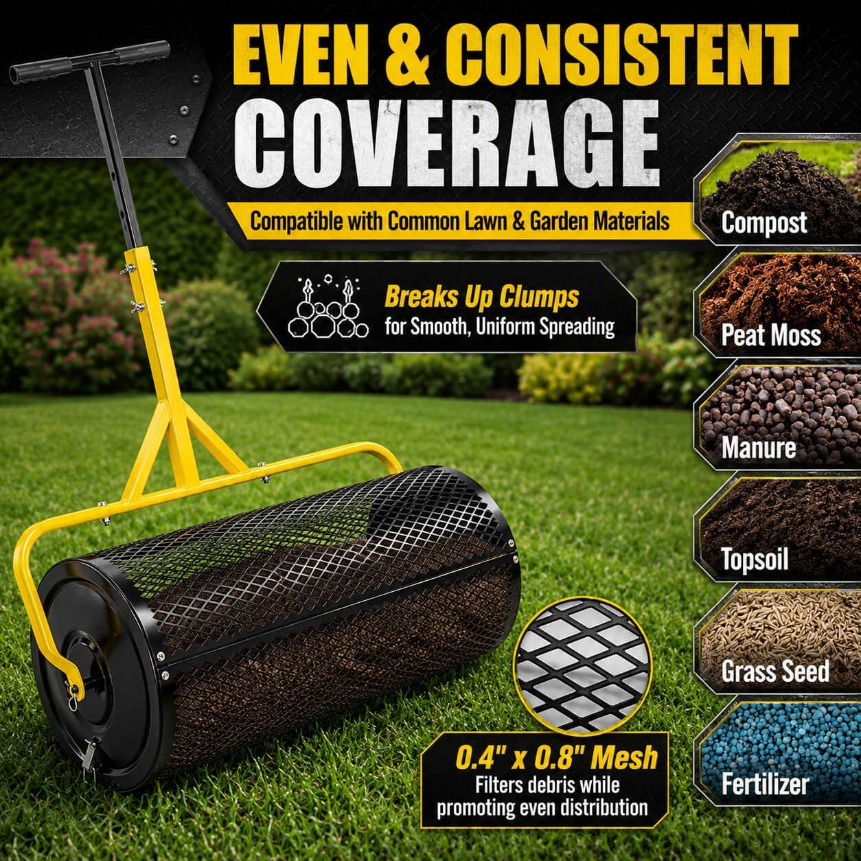 30 Inch Compost Spreader, Peat Moss & Lawn Top Dressing Spreader | 26 Gal (99L) Heavy Duty Metal Mesh Roller, Welded
