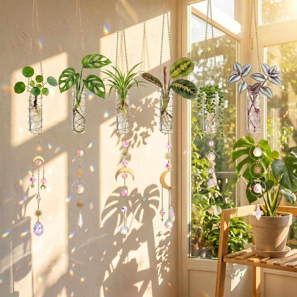 6 Pcs Plant Propagation Station Colorful Crystal Suncatcher, Handmade Boho Rooting Vase, Hanging Window Plant
