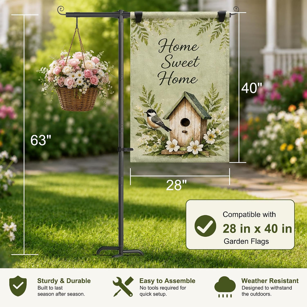Garden Flag Stand, Extra Thick 5/8 Inch Heavy-Duty 63 Inch Yard Flag Holder | Fits 28x40 Garden Flags, with 4-Prong