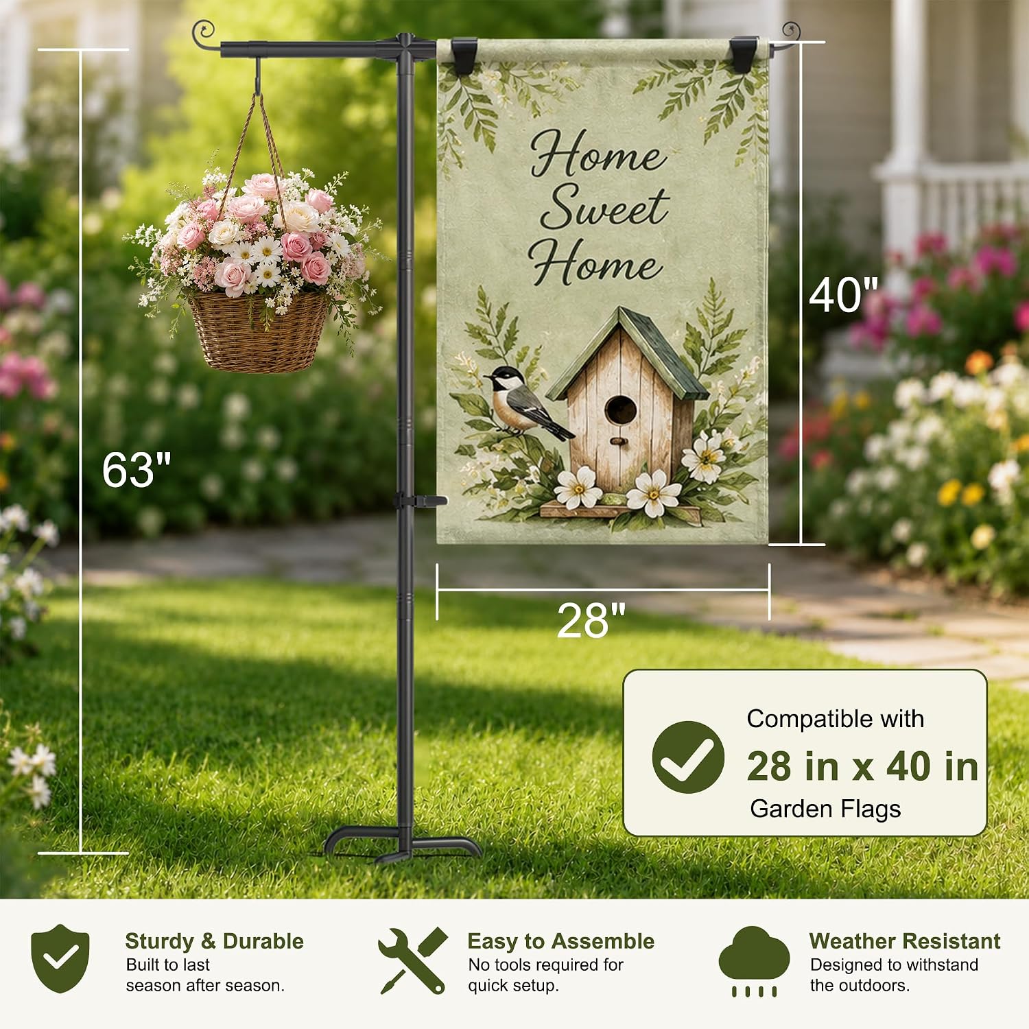 Garden Flag Stand, Extra Thick 5/8 Inch Heavy-Duty 63 Inch Yard Flag Holder | Fits 28x40 Garden Flags, with 4-Prong