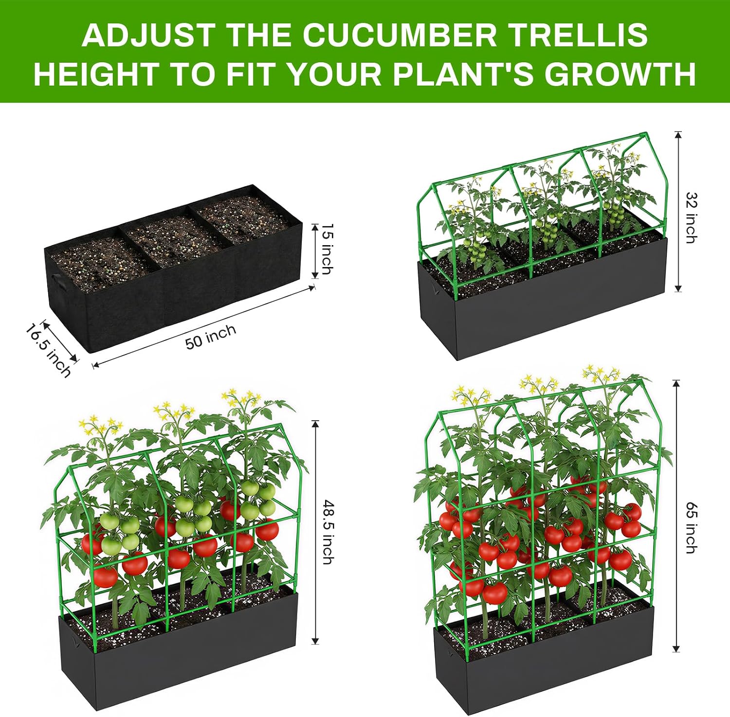 Large Cucumber Trellis with Grow Bag, 65" Tall Metal Garden Trellis for Climbing Plants Outdoor, Reusable Cucumber