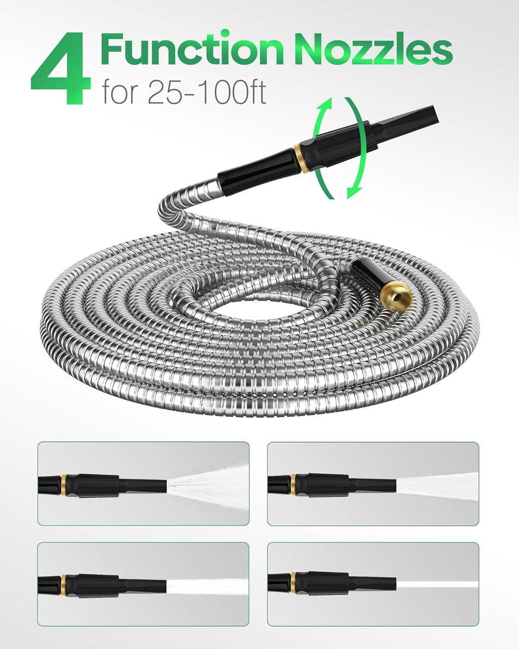 Non-Expandable Metal Garden Hose 30 Feet with Sprayer Nozzle, Flexible, No Kinking, Lightweight & Heavy Duty Water