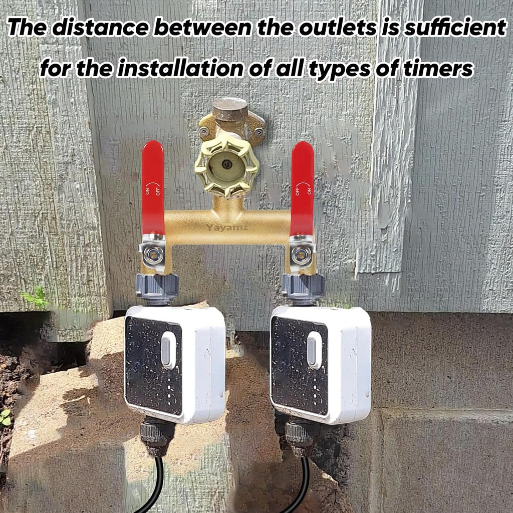 2 Way Garden Hose Splitter, 3/4" GHT Outdoor Water Spigot Splitter | Heavy Duty Solid Brass Body with Shut-off Valves &