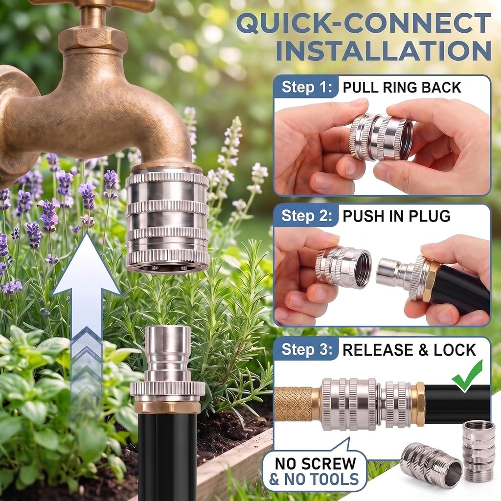 Stainless Steel Garden Hose Quick Connect Fittings, 3/4 Inch GHT | Heavy Duty Male and Female Quick Release Water Hose