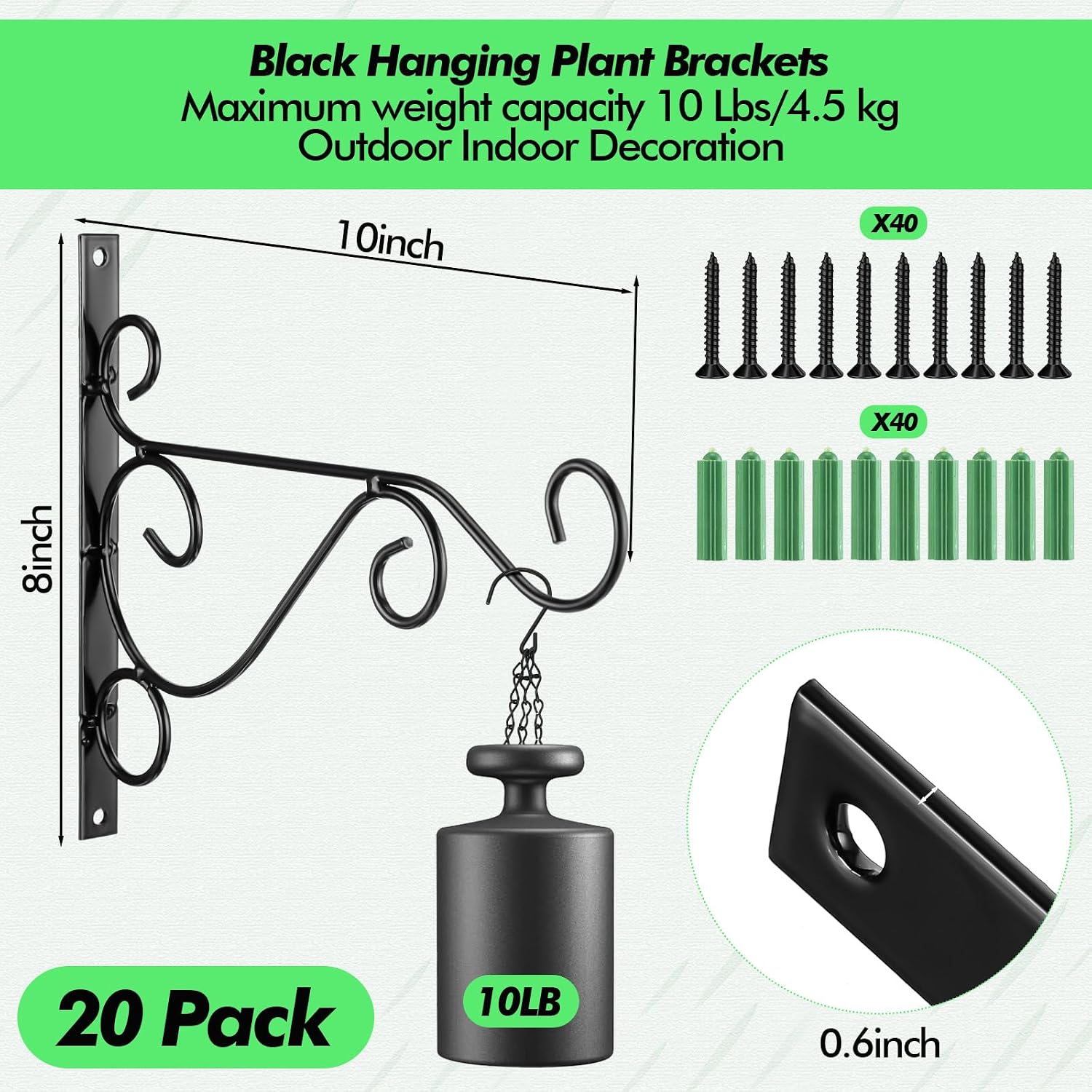 Tandefio 10 Pack Hanging Plant Brackets 10 Inch, Decorative Classic Outdoor Metal Wall Hooks, Iron Plant Hangers for