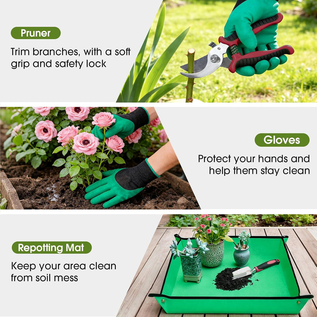 WOWBOX Garden Tools Set, 10 PCS Heavy Duty Gardening Hand Tools Kit, Red | Gardening Tool Set with Storage Tote