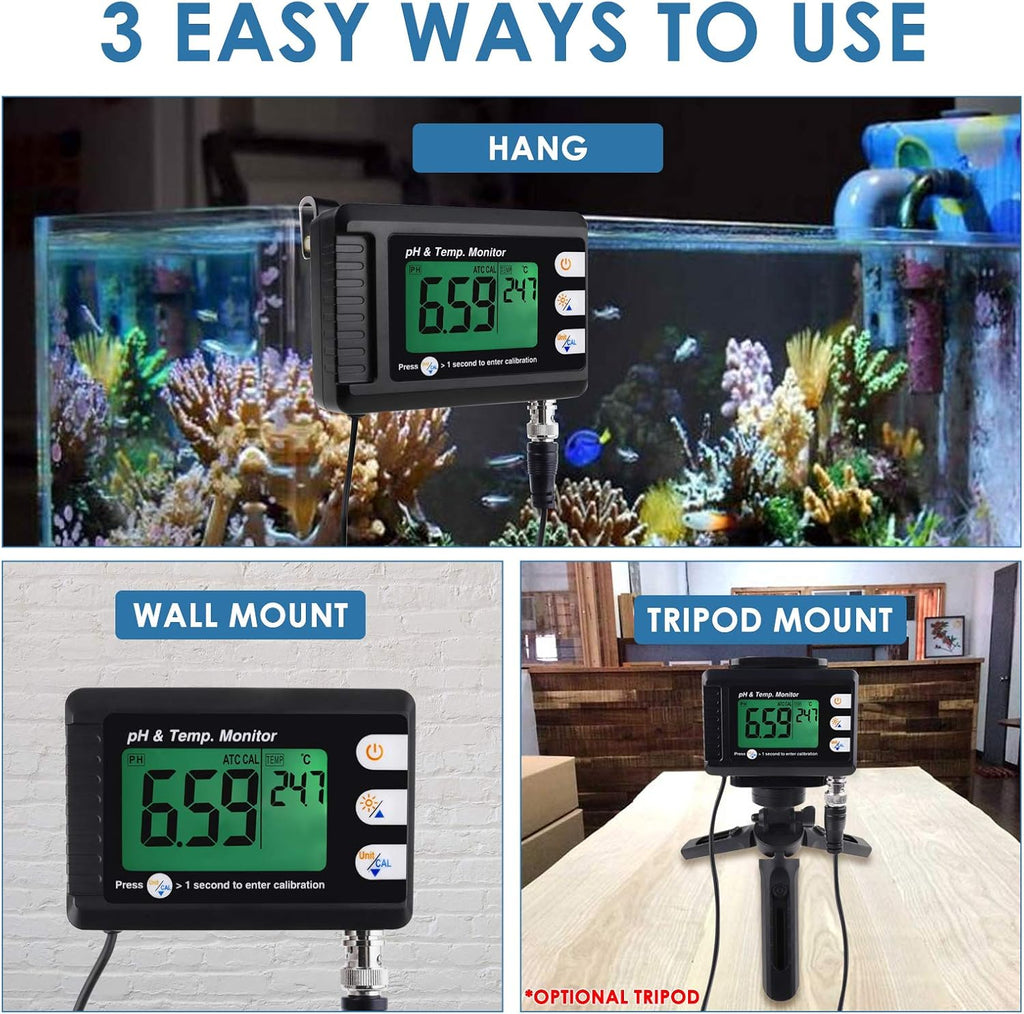 2 in1 pH Temperature Meter, Aquarium Thermometer pH Monitor with BNC Probe | Hydroponics, Aquariums, Pools, Labs