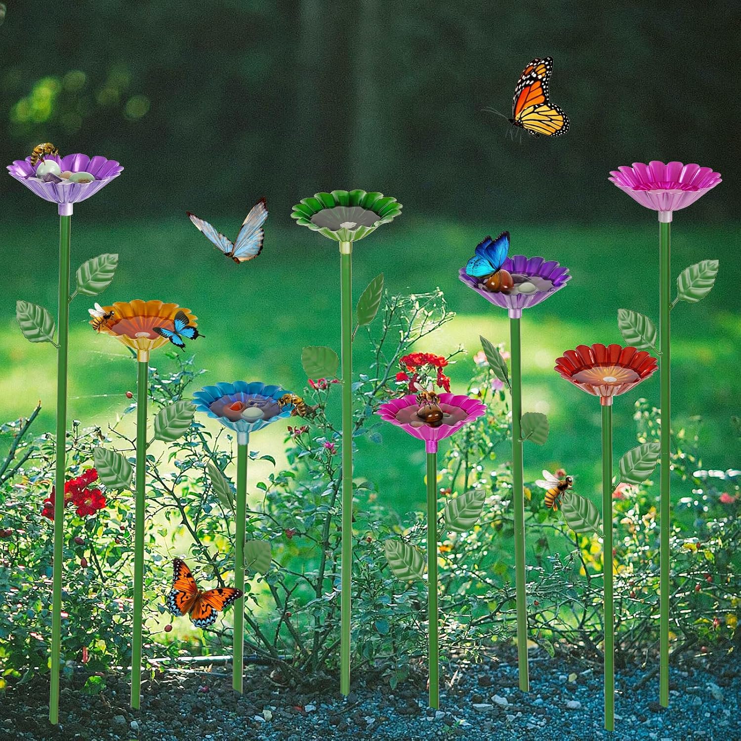 8 Pack Bee Watering Station, Bee Bath for Garden Outdoor Yard Decor | Metal Bee Water Feeder with Flower Design
