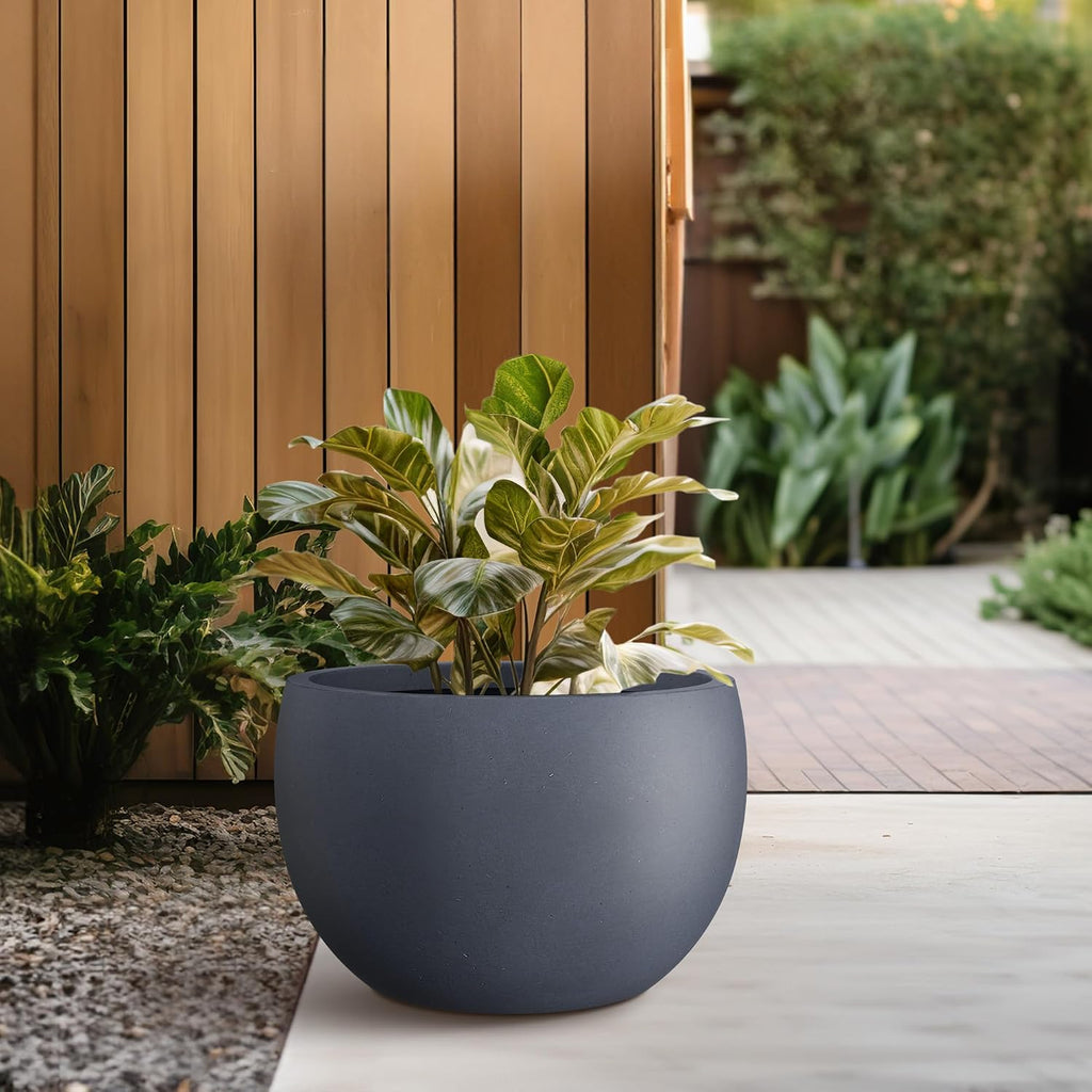 Kante Accent Round Bowl Charcoal Concrete Planter 15.7" Dia, Outdoor | Rubber Plug for Indoor, Drainage for Garden