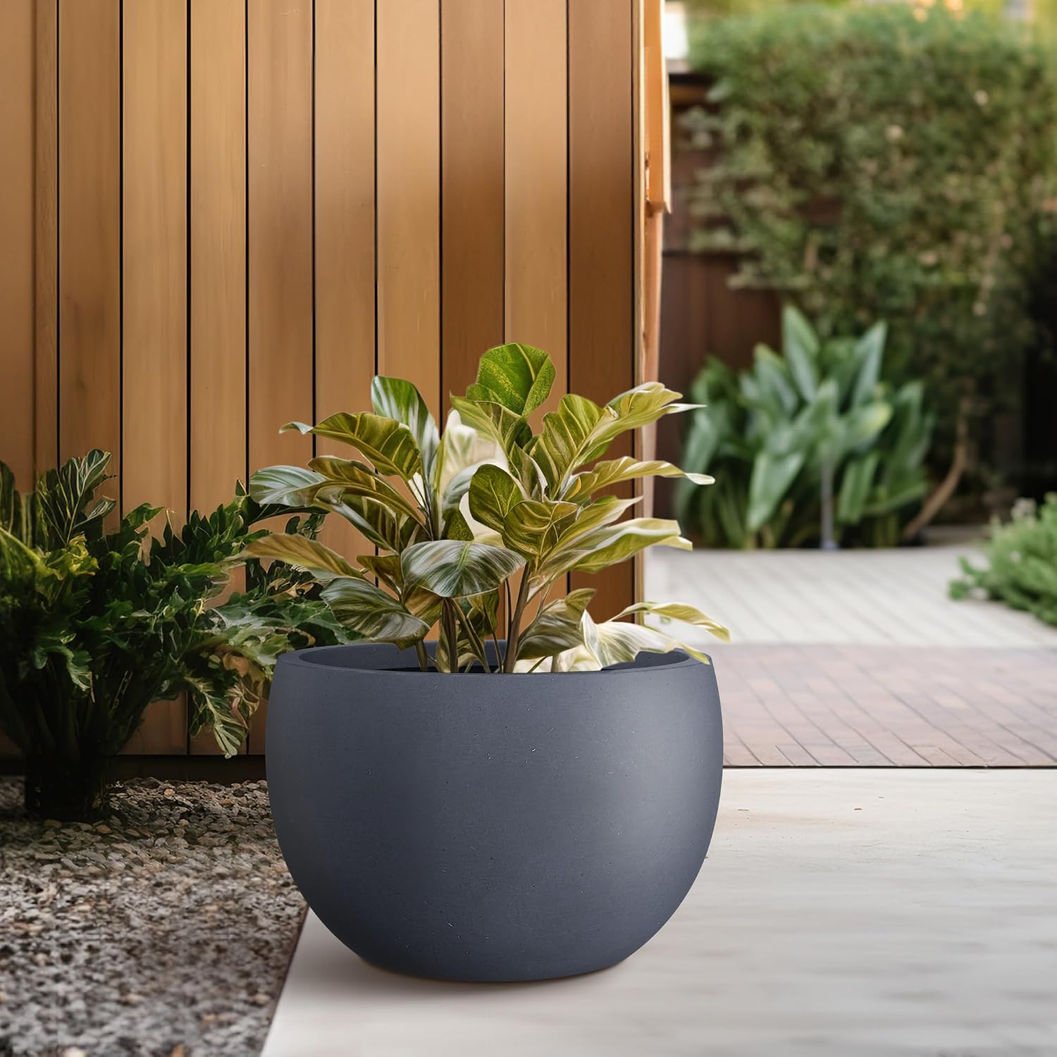 Kante Accent Round Bowl Charcoal Concrete Planter 15.7" Dia, Outdoor | Rubber Plug for Indoor, Drainage for Garden