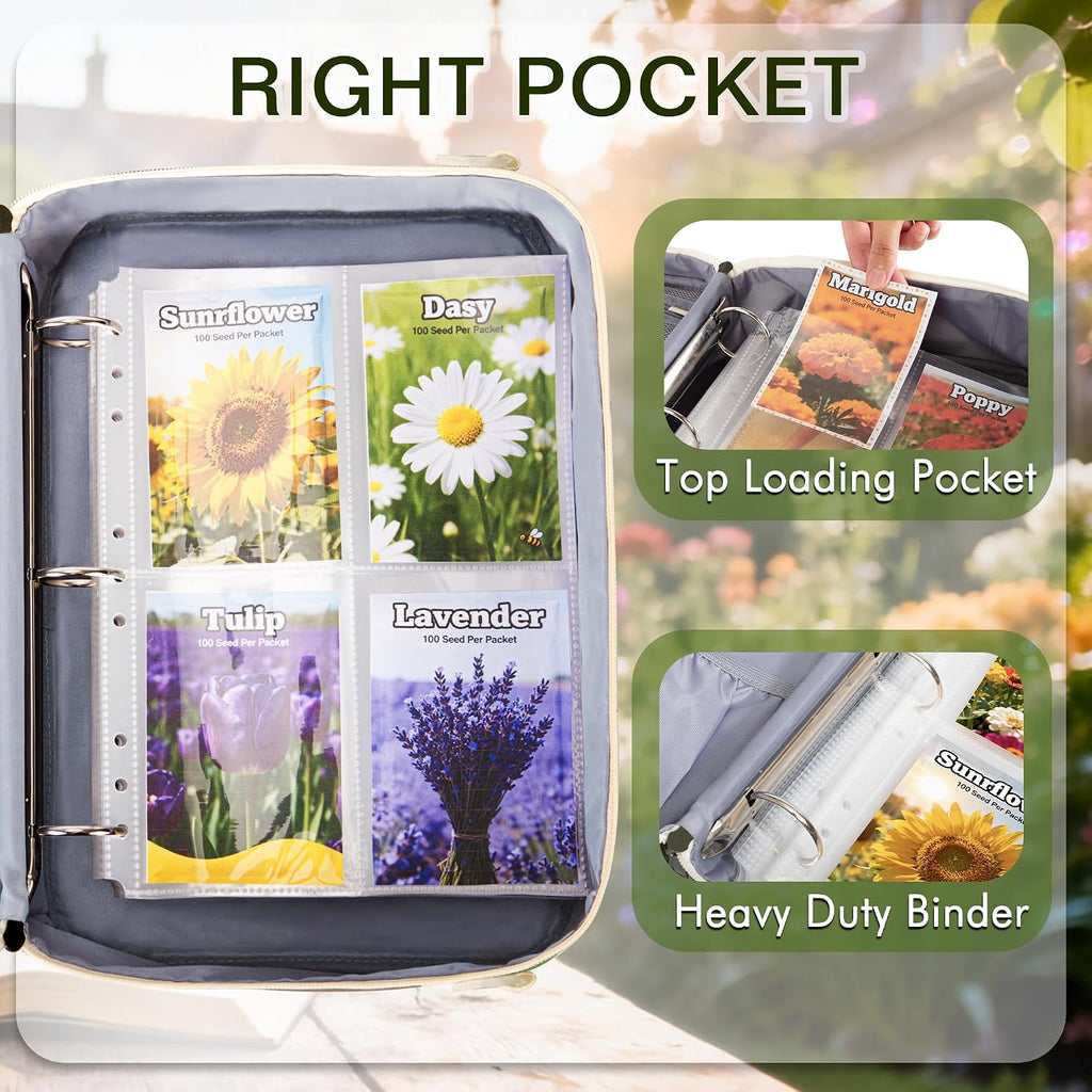 Seed Storage Organizer Binder with 20 Reusable Seed Envelopes | 30 Sheet Protectors Holds 120 Packets Envelopes, 3-Ring