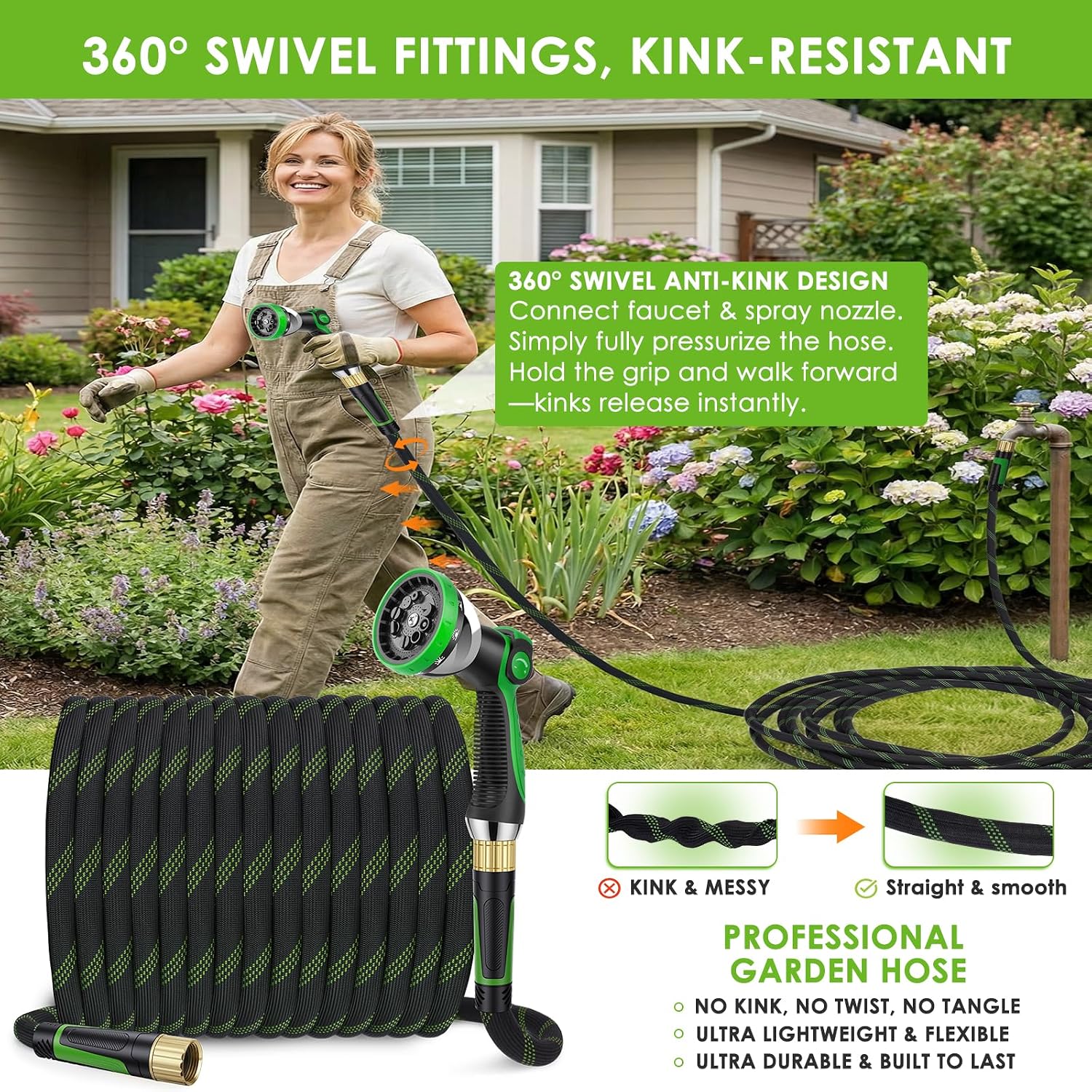 Garden Hose 100 ft, Non-Expandable Ultra-Lightweight Flexible Hose with 360° Dual-End Anti-Kink Design, 10-Pattern