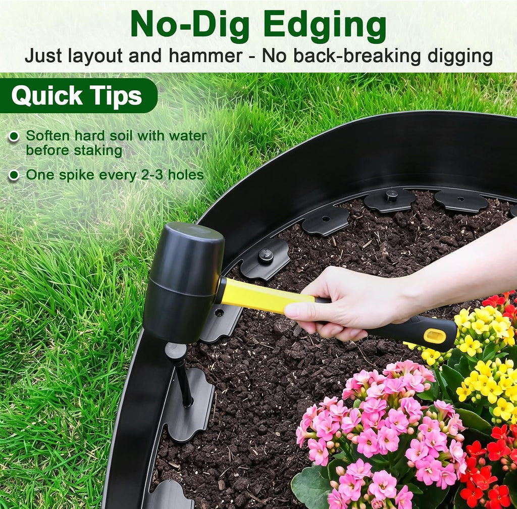 Landscape Edging Kit, 4 Inch Tall 33Ft No Dig Garden Edging Border with 50 Pcs Reinforced Spikes, Plastic Garden