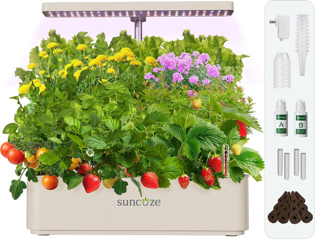 Hydroponics Growing System, Compact 12 Pods Indoor Garden, Beige | 24W LED Dimmable Grow Light, 4L Water Tank with