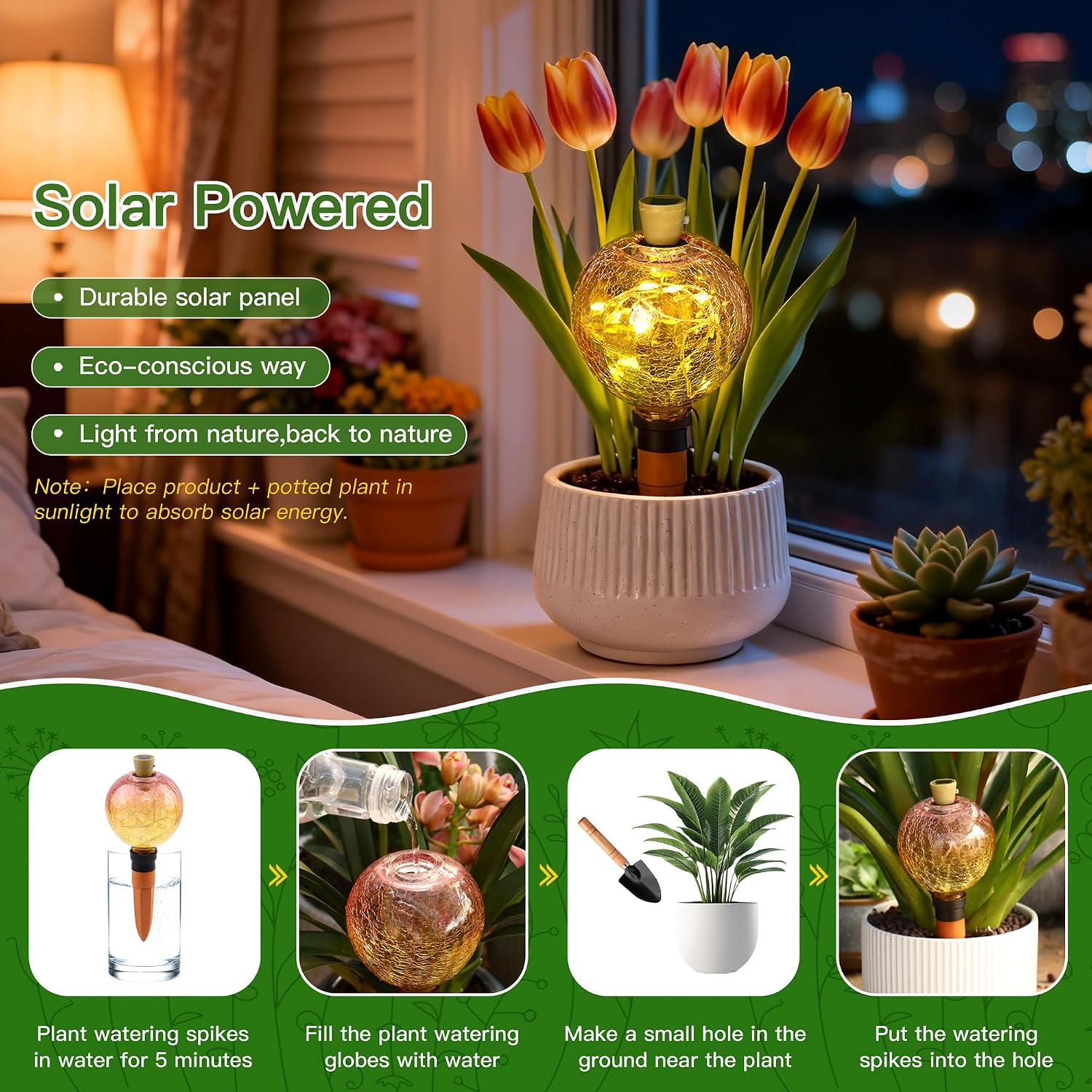 VOREEN Crackle Glass Plant Watering Globe with Terracotta Spike,Self-Watering Irrigation for Potted Plants, with Solar