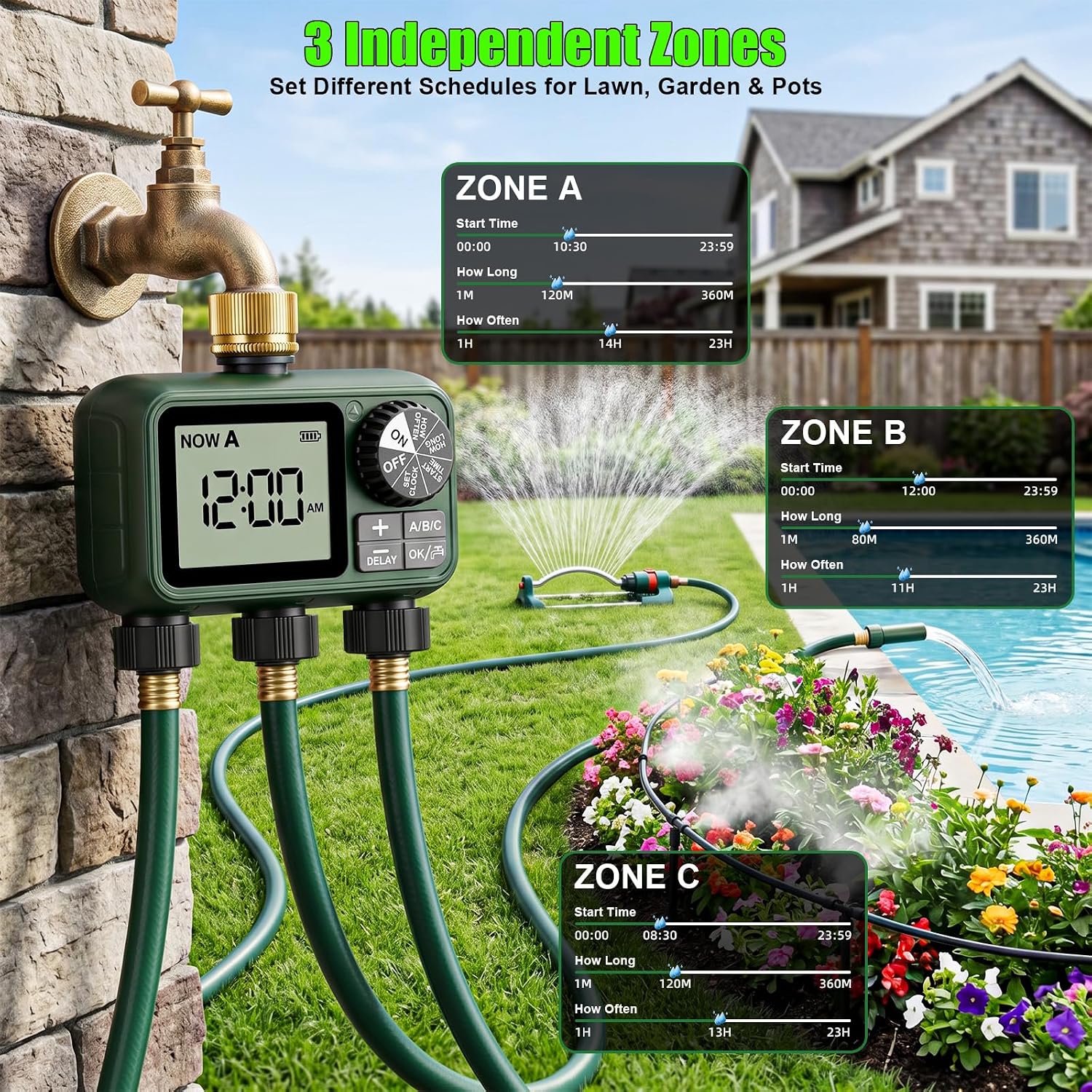 Water Timer for Outdoor Garden Hose, Sprinkler Timer for Garden | Faucet with Auto/Manual/Rain Delay Mode, Sprinkler
