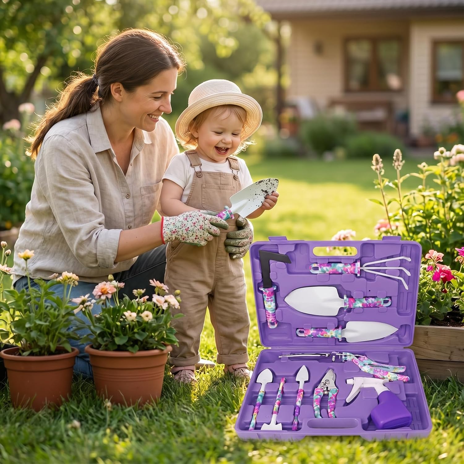 10-Piece Garden Tool Set with Sturdy Carrying Case – Purple Floral Gardening Set for Women – Ergonomic Garden Hand
