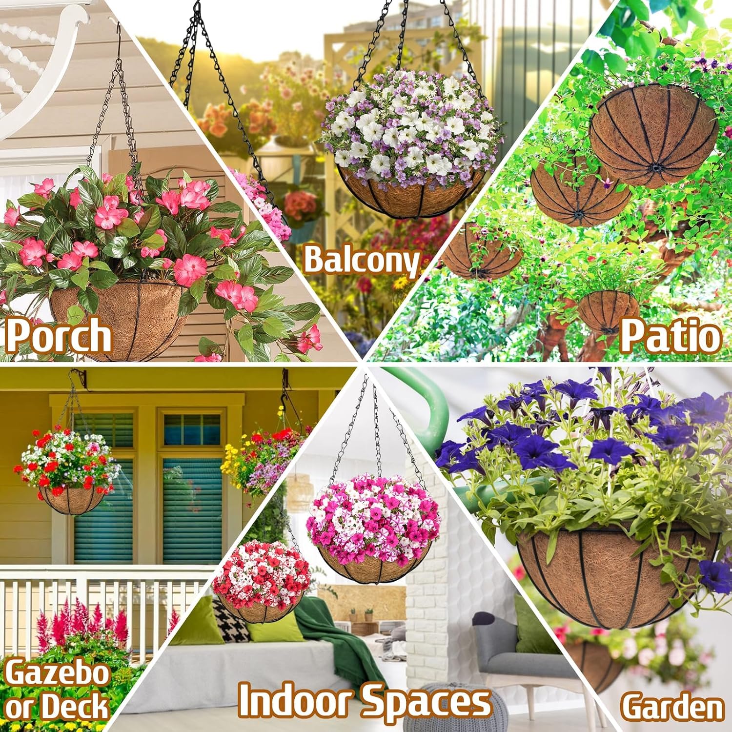 3 Pack 12 Inch Outdoor Hanging Baskets, Metal Wire Hanging Planters with Coconut Liners, Round Hanging Baskets for