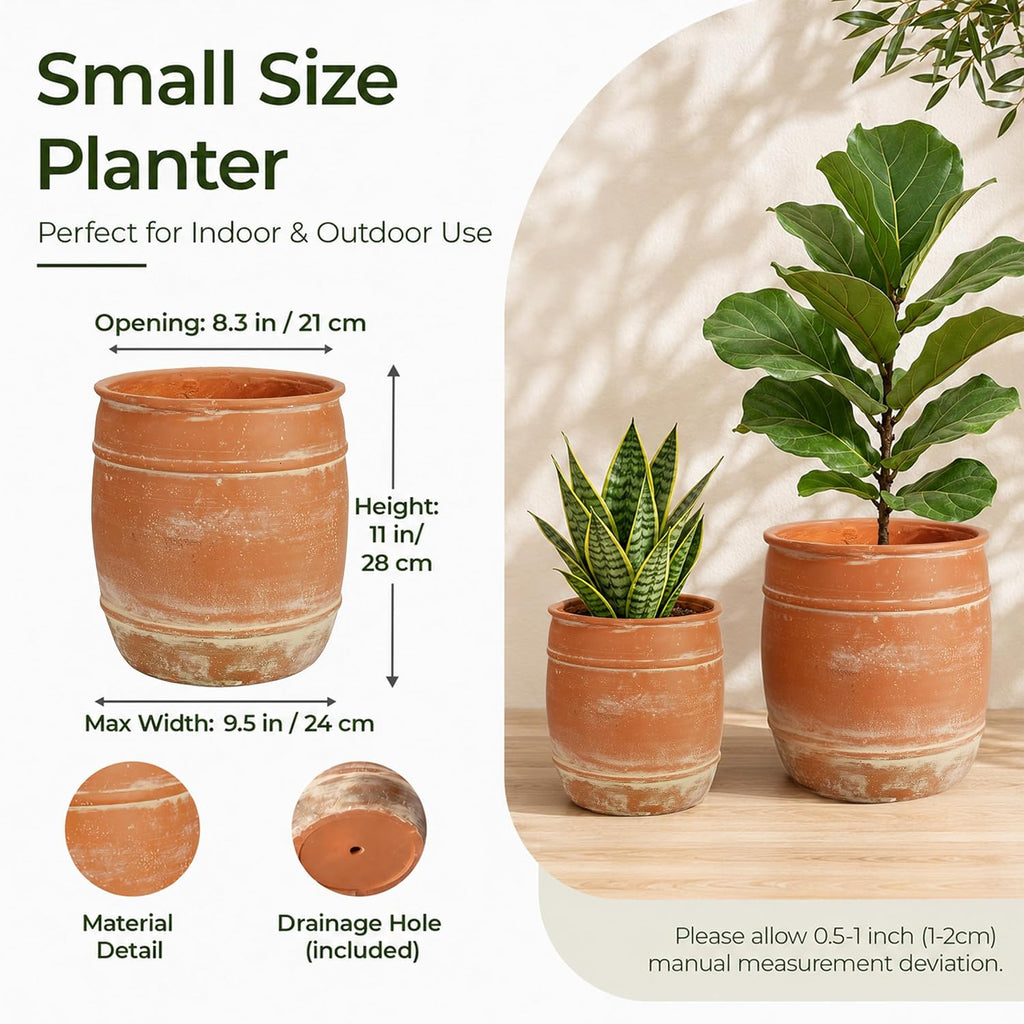 11"H x 9.5" Dia Aged Terracotta Clay Planter Pot with Drainage Hole, Rustic Farmhouse Style Flower Pot with Distressed