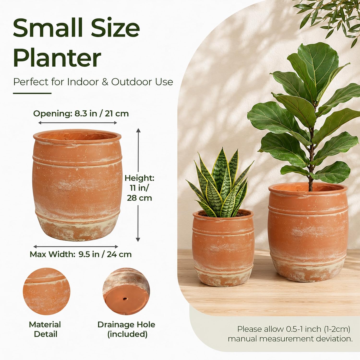 11"H x 9.5" Dia Aged Terracotta Clay Planter Pot with Drainage Hole, Rustic Farmhouse Style Flower Pot with Distressed
