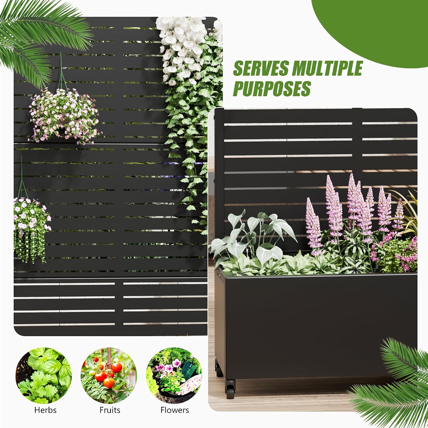 Casaphoria Metal Raised Garden Bed with Trellis and Wheels, 72"x47"x16" Planter Box for Climbing Plants, Vegetables &