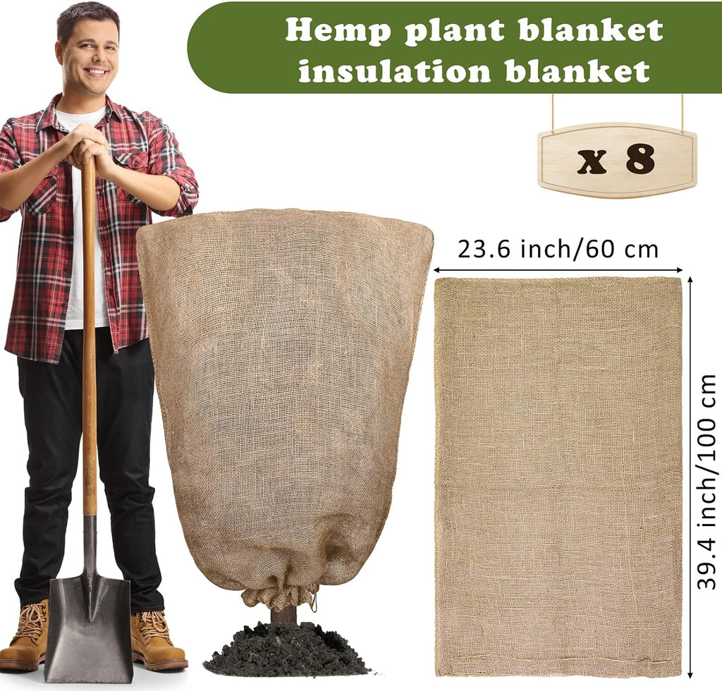Hahood 8 Packs Winter Burlap Plant Covers Bags 23.6 x 39.4 Inch Large Burlap Sack Plant Blanket with Drawstring