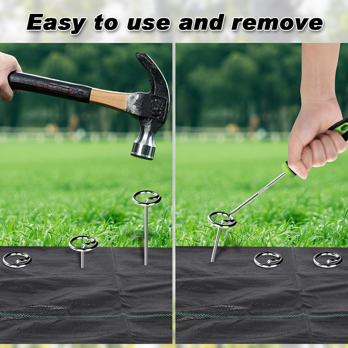 Heavy Duty Landscape Fabric Pins 8 Gauge 120 Pack with Pick Hook, 6 Inch Galvanized Round Head Garden Stakes for Weed