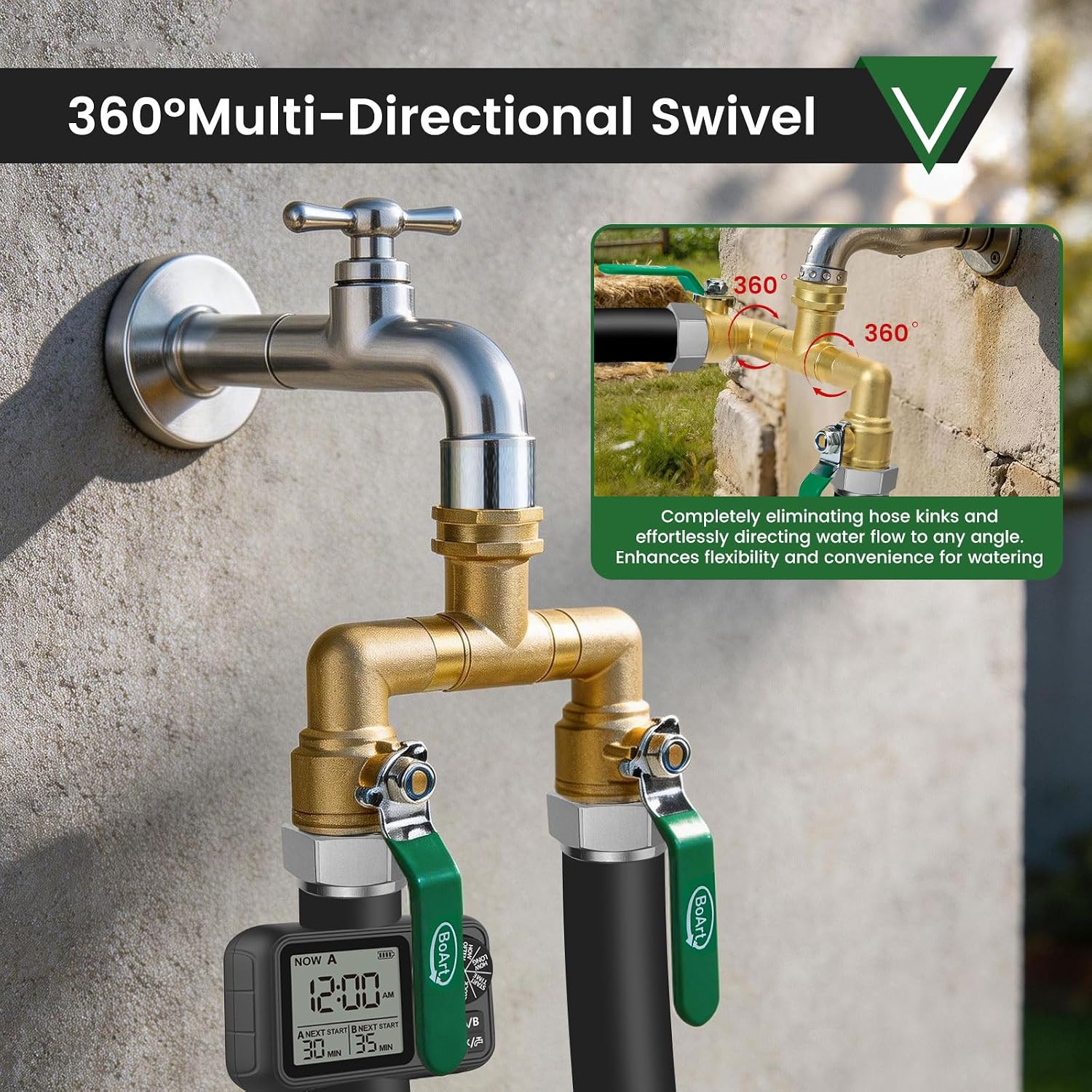 2 Way Heavy Duty Brass Garden Hose Splitter, 360° Rotatable Y Valve, Full Flow Large Ball Valve, Long Handle, Thickened
