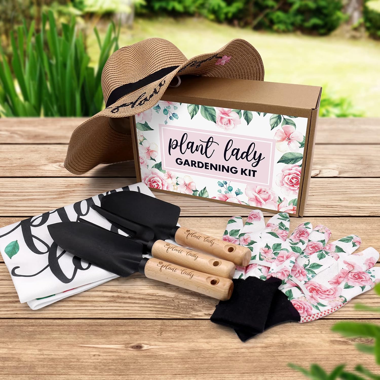Percozzi Plant Lady Gardening Tool Gifts for Mom Gardening Tools Kit Planting Tools Straw Hat Floral Apron Glove for