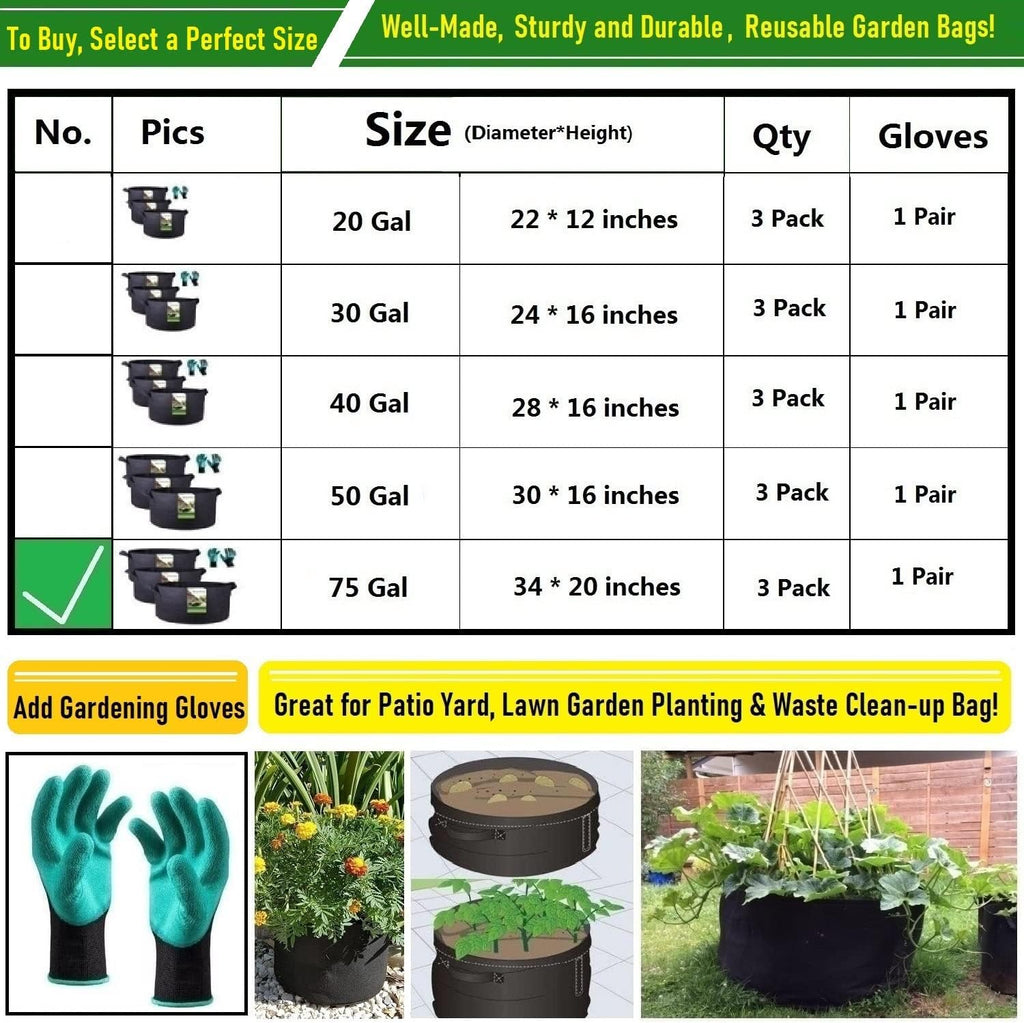 3-Pack 75 Gallon Thickened Plant Grow Bags Large (34x20 in) Heavy Duty Garden Bag Fabric Plant Pots for Tomato,Potato