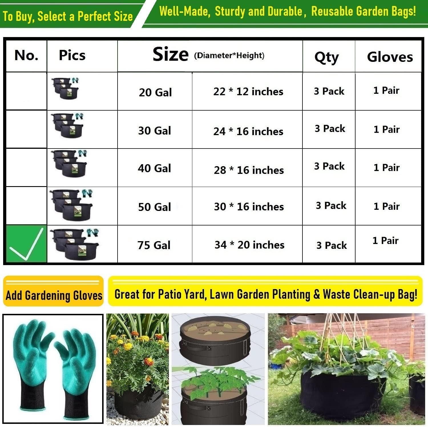 3-Pack 75 Gallon Thickened Plant Grow Bags Large (34x20 in) Heavy Duty Garden Bag Fabric Plant Pots for Tomato,Potato