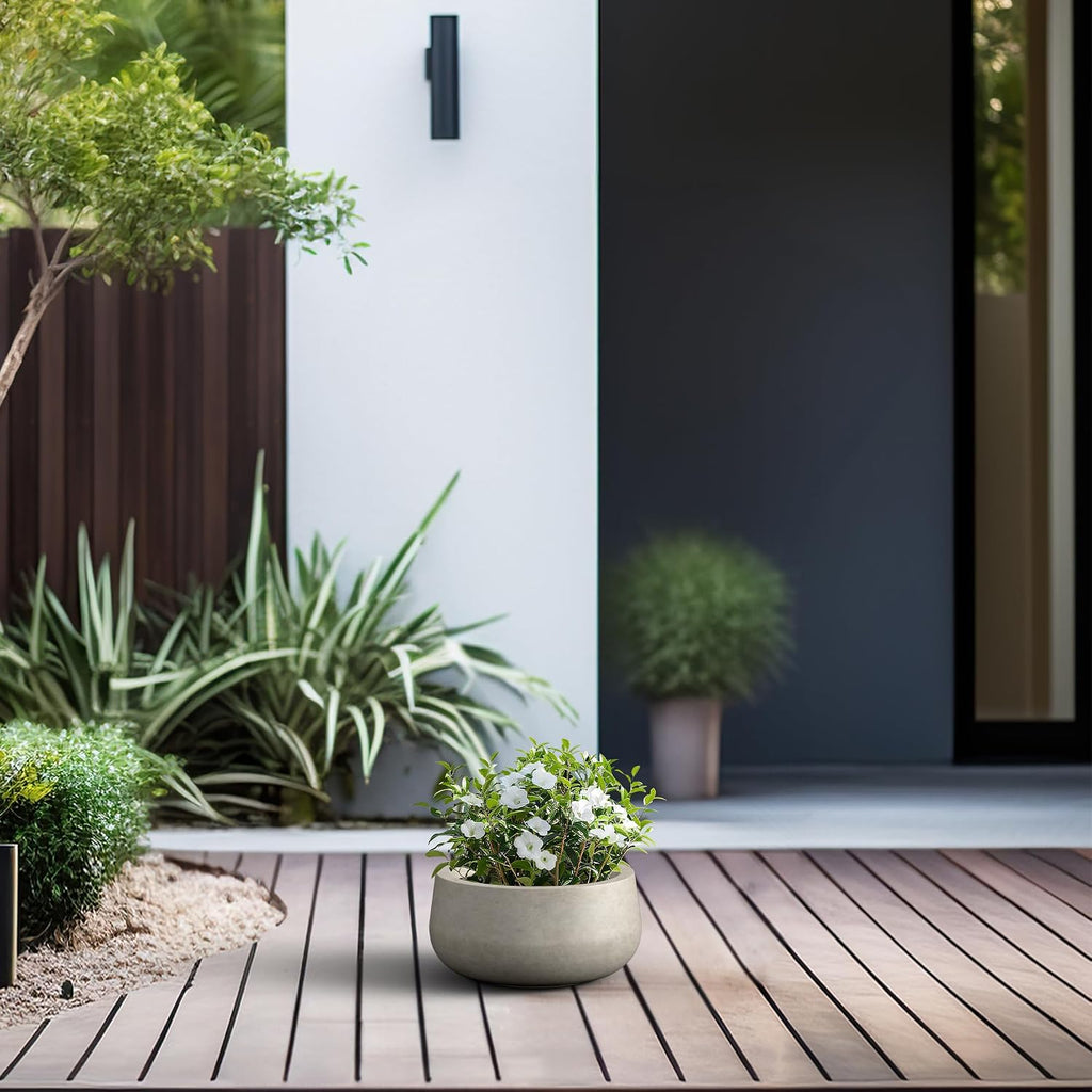 Kante Small Round Bowl Weathered Concrete Planter 11" Dia, Outdoor | Rubber Plug for Indoor, Drainage for Garden